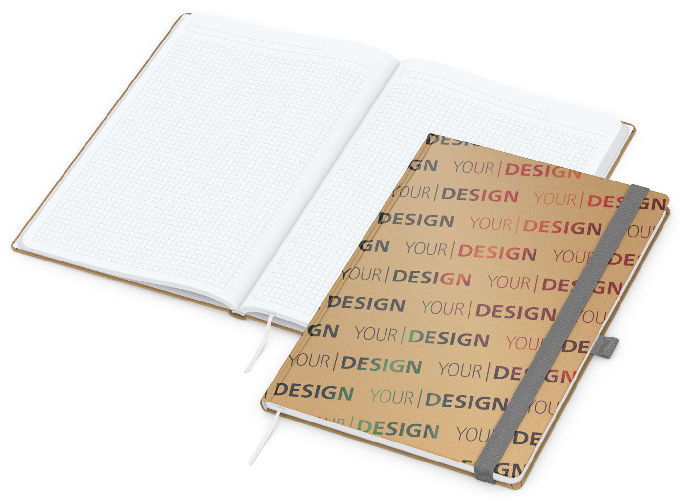 Notizbuch Match-Book Naturpapier-Hardcover individuell bedruckt, DIN A4, Papierfarbe/Lineatur Hochweiß/Winkelkaro, Einband-Papierfarbe Braun