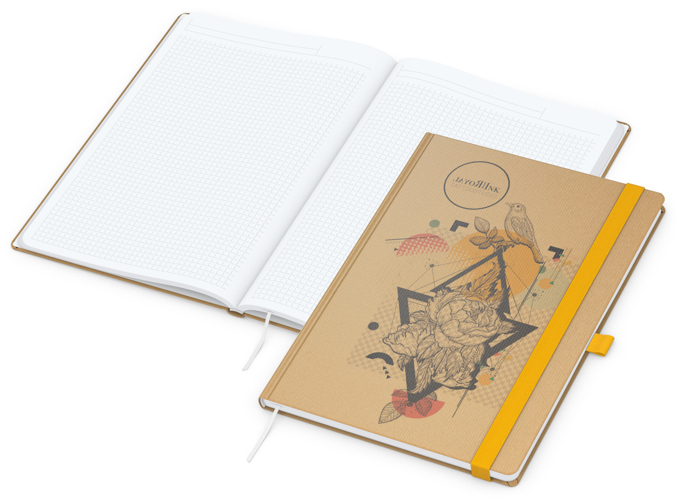 Notizbuch Match-Book Naturpapier-Hardcover individuell bedruckt, DIN A4, Papierfarbe/Lineatur Hochweiß/Winkelkaro, Einband-Papierfarbe Braun