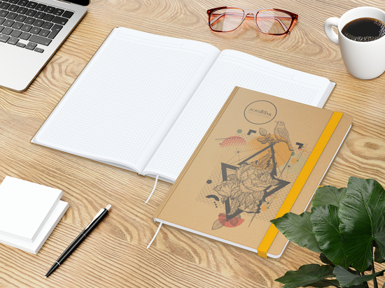 Notizbuch Match-Book Naturpapier-Hardcover individuell bedruckt, DIN A4, Papierfarbe/Lineatur Hochweiß/Winkelkaro, Einband-Papierfarbe Braun