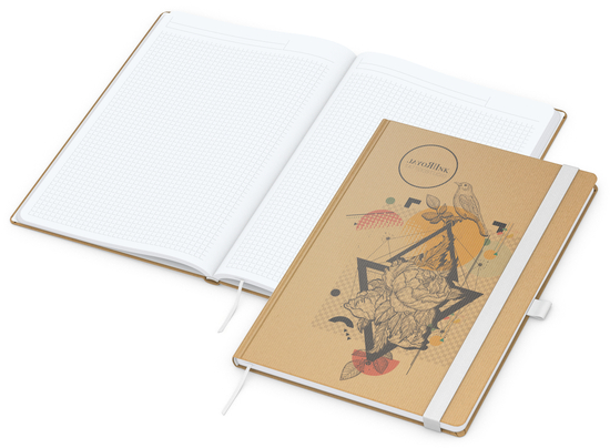 Notizbuch Match-Book Naturpapier-Hardcover individuell bedruckt, DIN A4, Papierfarbe/Lineatur Hochweiß/Winkelkaro, Einband-Papierfarbe Braun