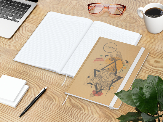Notizbuch Match-Book Naturpapier-Hardcover individuell bedruckt, DIN A4, Papierfarbe/Lineatur Hochweiß/Winkelkaro, Einband-Papierfarbe Braun