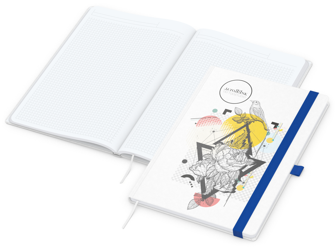 Notizbuch Match-Book Naturpapier-Hardcover individuell bedruckt, DIN A4, Papierfarbe/Lineatur Hochweiß/Winkelkaro, Einband-Papierfarbe Weiß