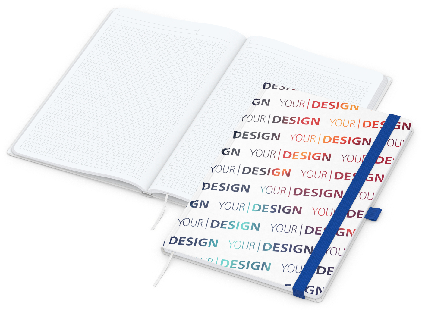 Notizbuch Match-Book Naturpapier-Hardcover individuell bedruckt, DIN A4, Papierfarbe/Lineatur Hochweiß/Winkelkaro, Einband-Papierfarbe Weiß