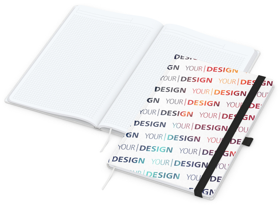 Notizbuch Match-Book Naturpapier-Hardcover individuell bedruckt, DIN A4, Papierfarbe/Lineatur Hochweiß/Winkelkaro, Einband-Papierfarbe Weiß