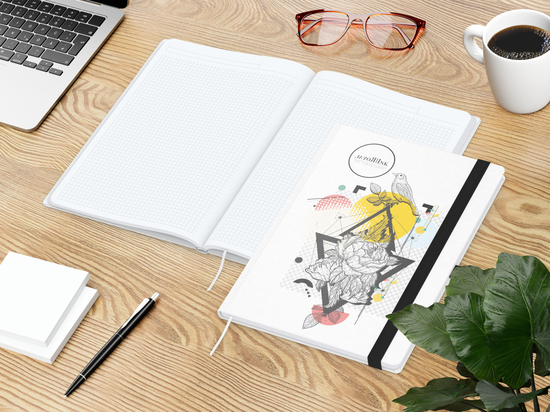 Notizbuch Match-Book Naturpapier-Hardcover individuell bedruckt, DIN A4, Papierfarbe/Lineatur Hochweiß/Winkelkaro, Einband-Papierfarbe Weiß
