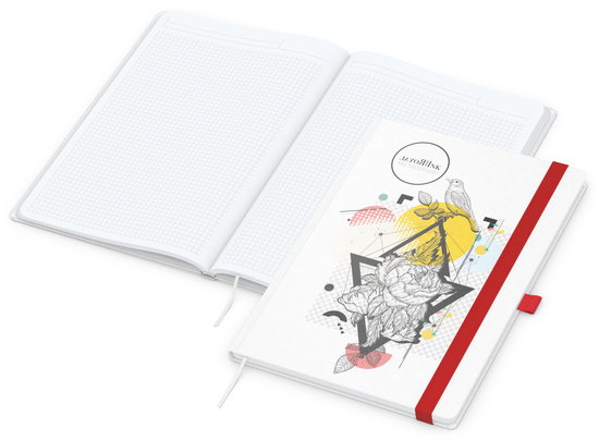 Notizbuch Match-Book Naturpapier-Hardcover individuell bedruckt, DIN A4, Papierfarbe/Lineatur Hochweiß/Winkelkaro, Einband-Papierfarbe Weiß