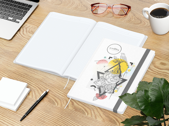 Notizbuch Match-Book Naturpapier-Hardcover individuell bedruckt, DIN A4, Papierfarbe/Lineatur Hochweiß/Winkelkaro, Einband-Papierfarbe Weiß