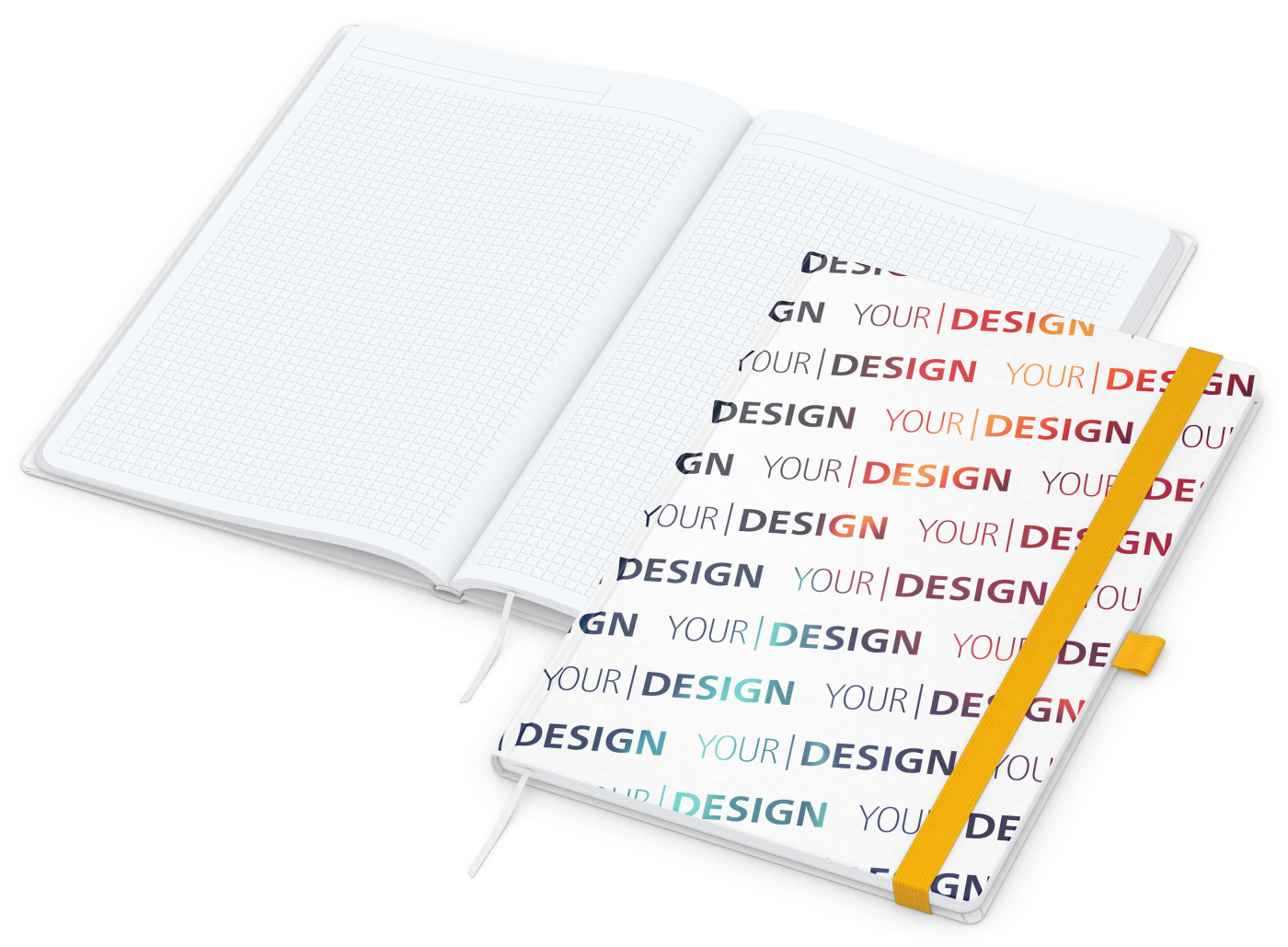 Notizbuch Match-Book Naturpapier-Hardcover individuell bedruckt, DIN A4, Papierfarbe/Lineatur Hochweiß/Winkelkaro, Einband-Papierfarbe Weiß