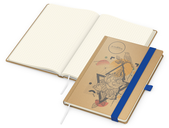 Notizbuch Match-Book Naturpapier-Hardcover individuell bedruckt, DIN A5, Papierfarbe/Lineatur Cremefarben/Punktraster, Einband-Papierfarbe Braun