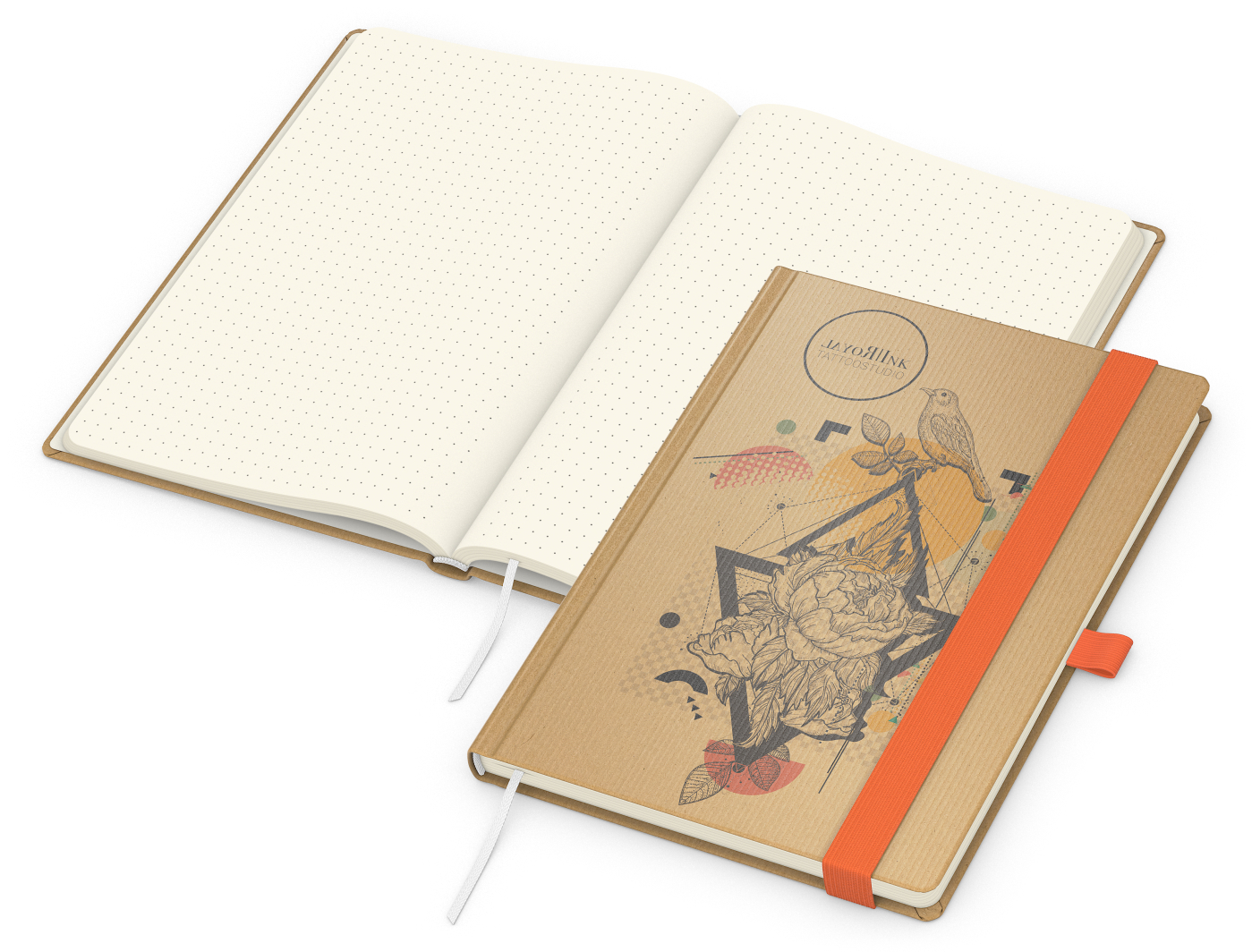 Notizbuch Match-Book Naturpapier-Hardcover individuell bedruckt, DIN A5, Papierfarbe/Lineatur Cremefarben/Punktraster, Einband-Papierfarbe Braun