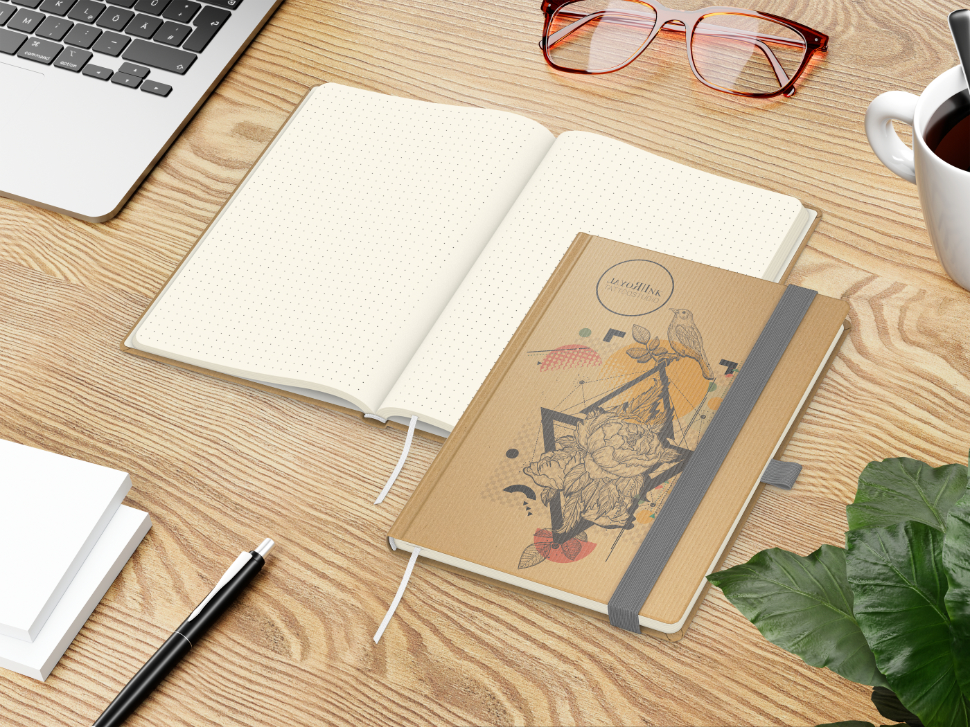 Notizbuch Match-Book Naturpapier-Hardcover individuell bedruckt, DIN A5, Papierfarbe/Lineatur Cremefarben/Punktraster, Einband-Papierfarbe Braun