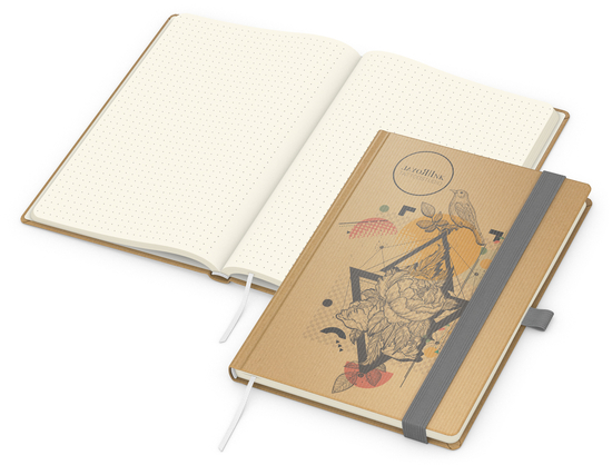 Notizbuch Match-Book Naturpapier-Hardcover individuell bedruckt, DIN A5, Papierfarbe/Lineatur Cremefarben/Punktraster, Einband-Papierfarbe Braun