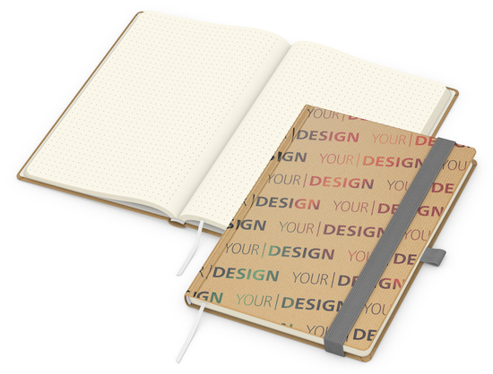 Notizbuch Match-Book Naturpapier-Hardcover individuell bedruckt, DIN A5, Papierfarbe/Lineatur Cremefarben/Punktraster, Einband-Papierfarbe Braun