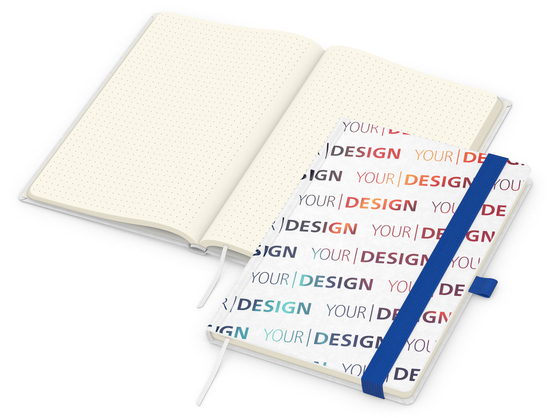 Notizbuch Match-Book Naturpapier-Hardcover individuell bedruckt, DIN A5, Papierfarbe/Lineatur Cremefarben/Punktraster, Einband-Papierfarbe Weiß