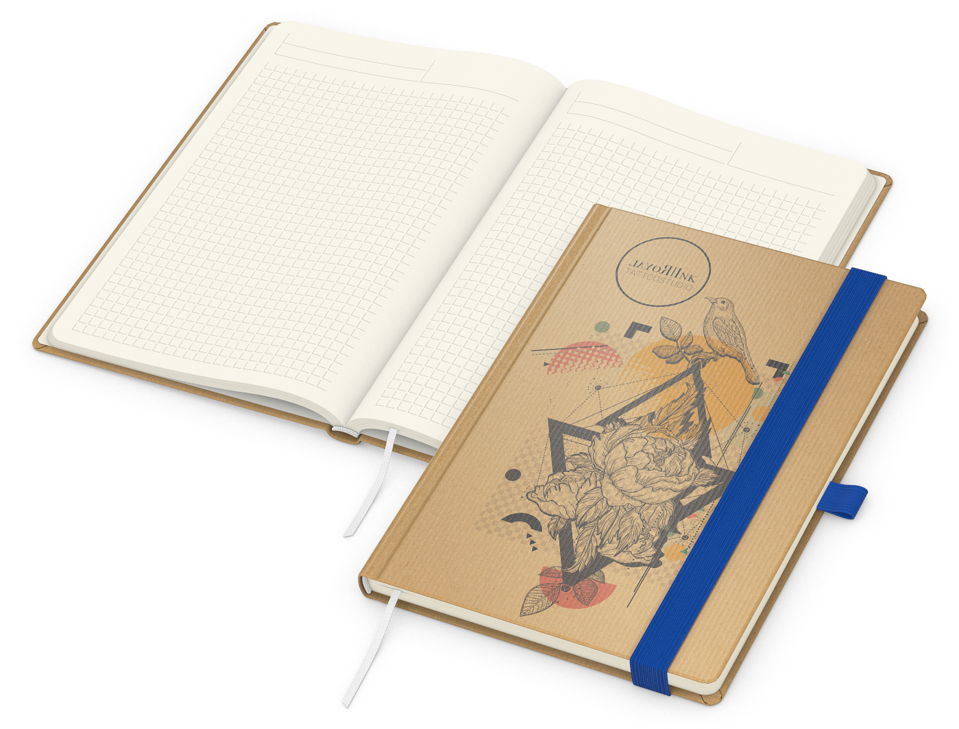 Notizbuch Match-Book Naturpapier-Hardcover individuell bedruckt, DIN A5, Papierfarbe/Lineatur Cremefarben/Winkelkaro, Einband-Papierfarbe Braun