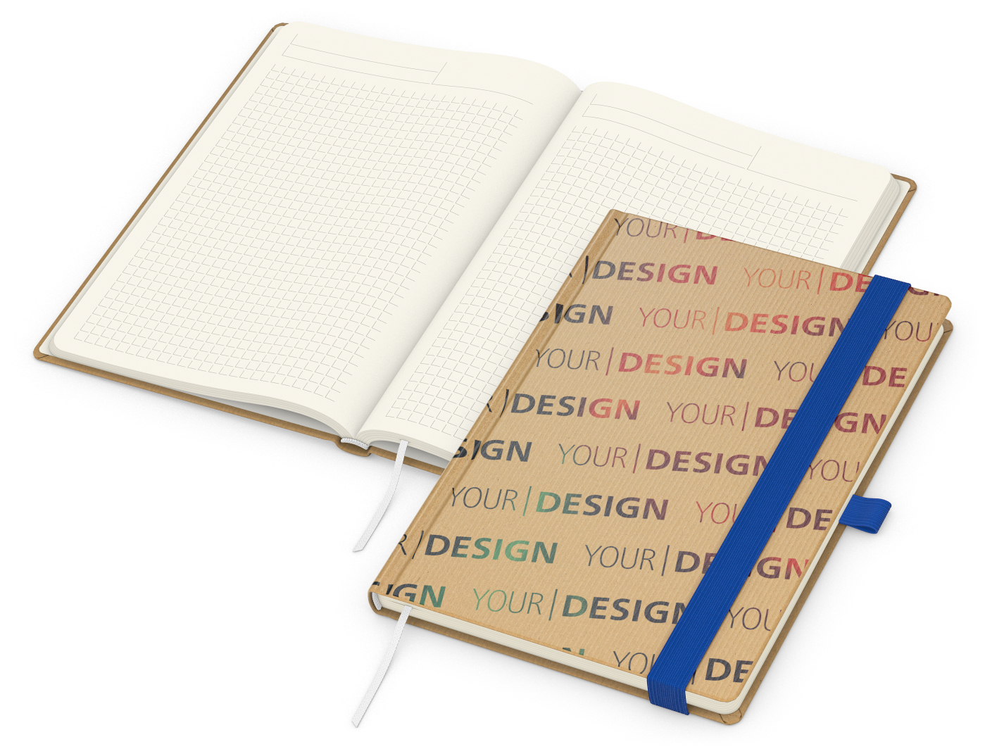 Notizbuch Match-Book Naturpapier-Hardcover individuell bedruckt, DIN A5, Papierfarbe/Lineatur Cremefarben/Winkelkaro, Einband-Papierfarbe Braun