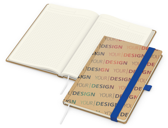 Notizbuch Match-Book Naturpapier-Hardcover individuell bedruckt, DIN A5, Papierfarbe/Lineatur Cremefarben/Winkelkaro, Einband-Papierfarbe Braun