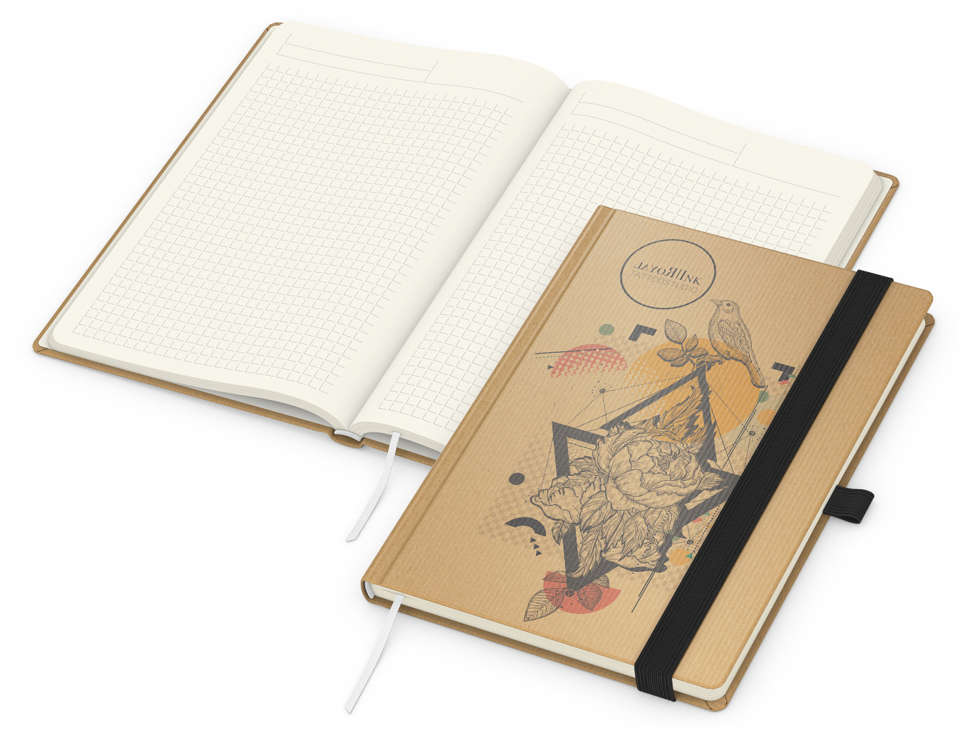 Notizbuch Match-Book Naturpapier-Hardcover individuell bedruckt, DIN A5, Papierfarbe/Lineatur Cremefarben/Winkelkaro, Einband-Papierfarbe Braun