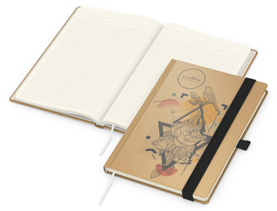 Notizbuch Match-Book Naturpapier-Hardcover individuell bedruckt, DIN A5, Papierfarbe/Lineatur Cremefarben/Winkelkaro, Einband-Papierfarbe Braun