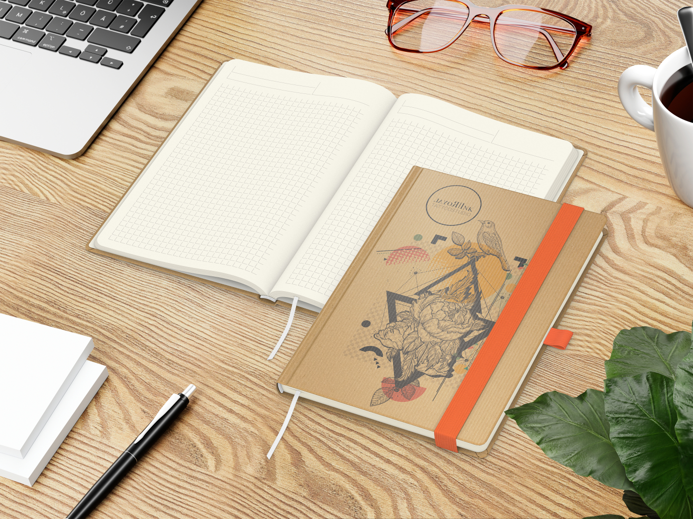 Notizbuch Match-Book Naturpapier-Hardcover individuell bedruckt, DIN A5, Papierfarbe/Lineatur Cremefarben/Winkelkaro, Einband-Papierfarbe Braun