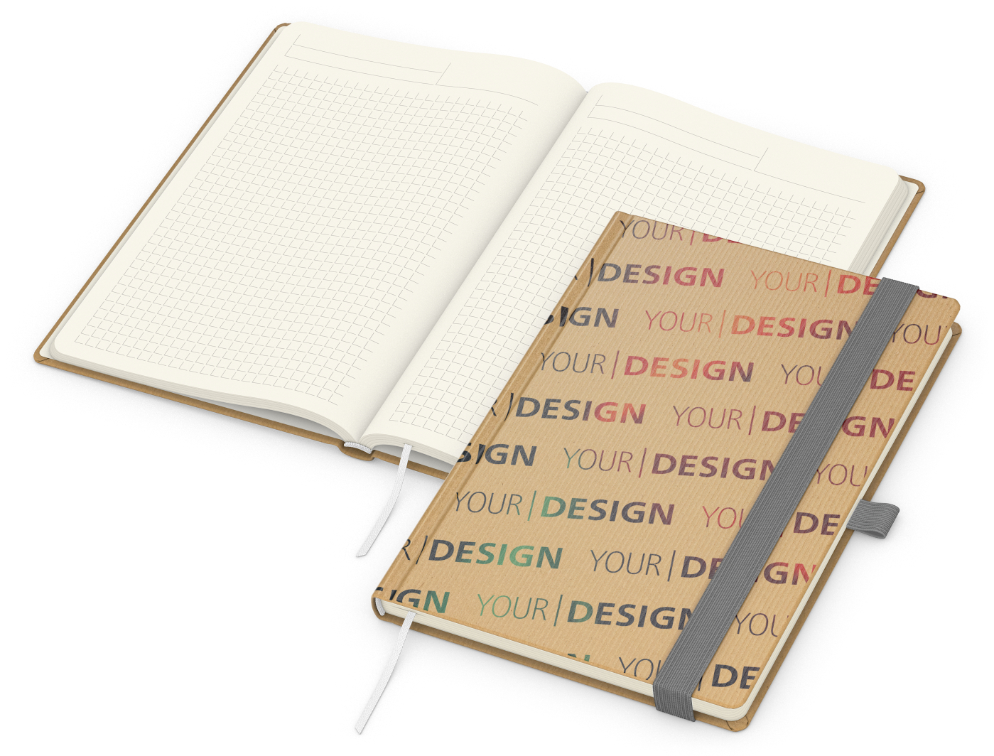 Notizbuch Match-Book Naturpapier-Hardcover individuell bedruckt, DIN A5, Papierfarbe/Lineatur Cremefarben/Winkelkaro, Einband-Papierfarbe Braun