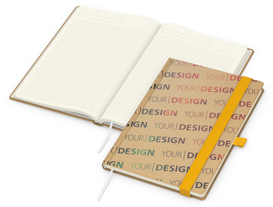 Notizbuch Match-Book Naturpapier-Hardcover individuell bedruckt, DIN A5, Papierfarbe/Lineatur Cremefarben/Winkelkaro, Einband-Papierfarbe Braun