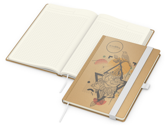 Notizbuch Match-Book Naturpapier-Hardcover individuell bedruckt, DIN A5, Papierfarbe/Lineatur Cremefarben/Winkelkaro, Einband-Papierfarbe Braun