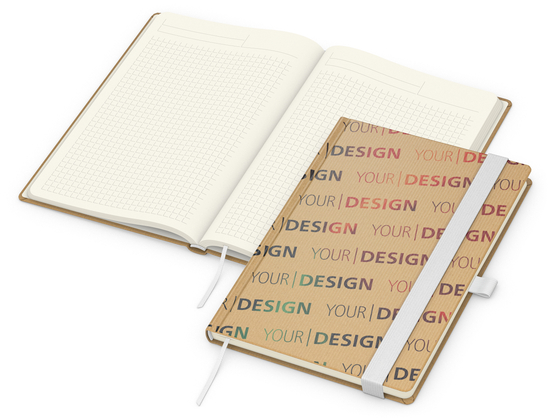 Notizbuch Match-Book Naturpapier-Hardcover individuell bedruckt, DIN A5, Papierfarbe/Lineatur Cremefarben/Winkelkaro, Einband-Papierfarbe Braun