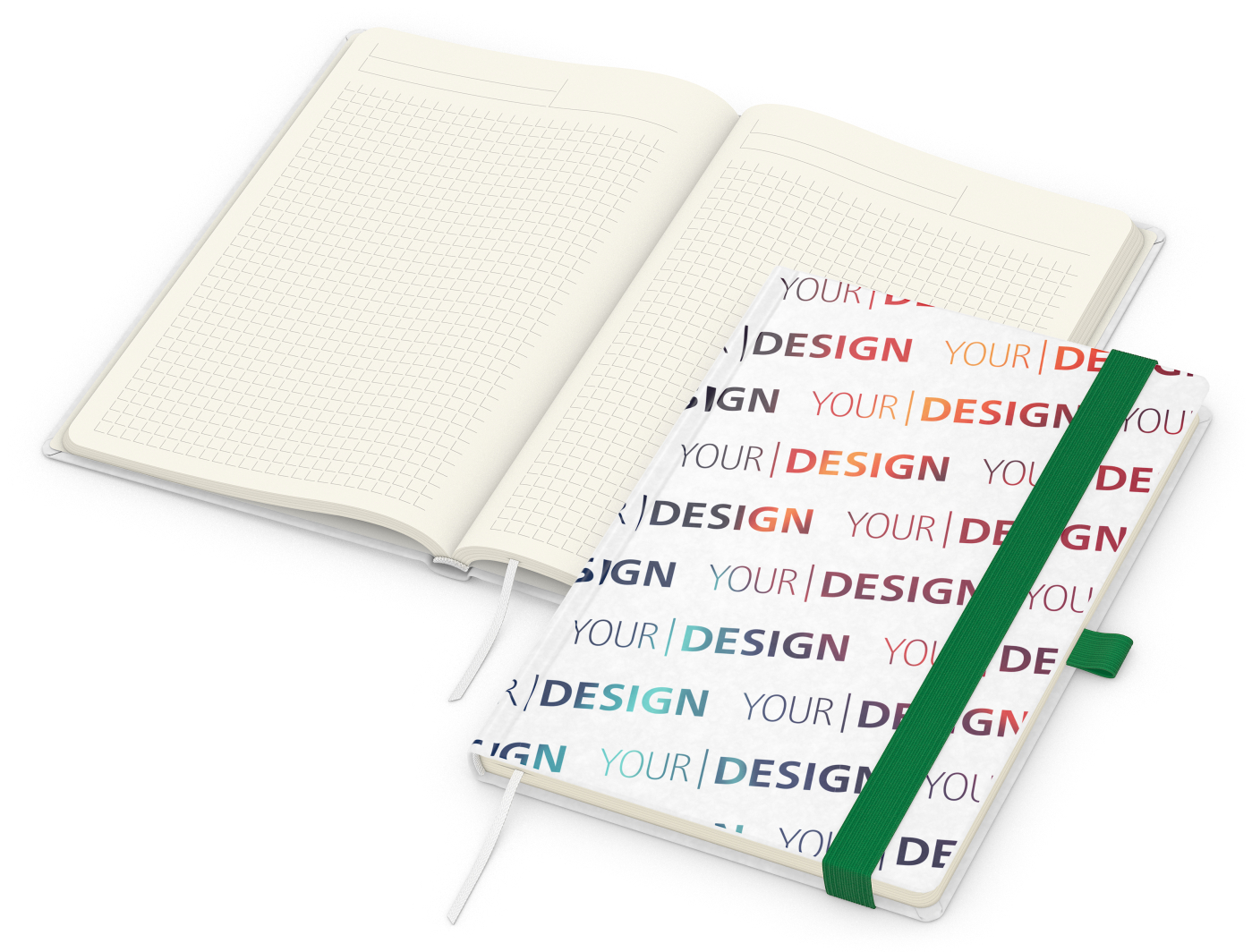 Notizbuch Match-Book Naturpapier-Hardcover individuell bedruckt, DIN A5, Papierfarbe/Lineatur Cremefarben/Winkelkaro, Einband-Papierfarbe Weiß