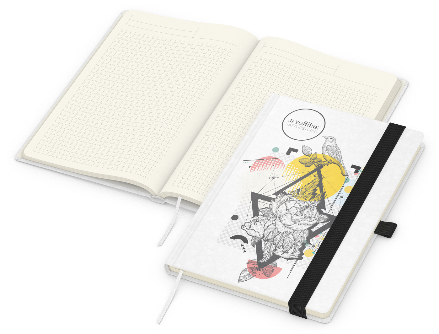 Notizbuch Match-Book Naturpapier-Hardcover individuell bedruckt, DIN A5, Papierfarbe/Lineatur Cremefarben/Winkelkaro, Einband-Papierfarbe Weiß