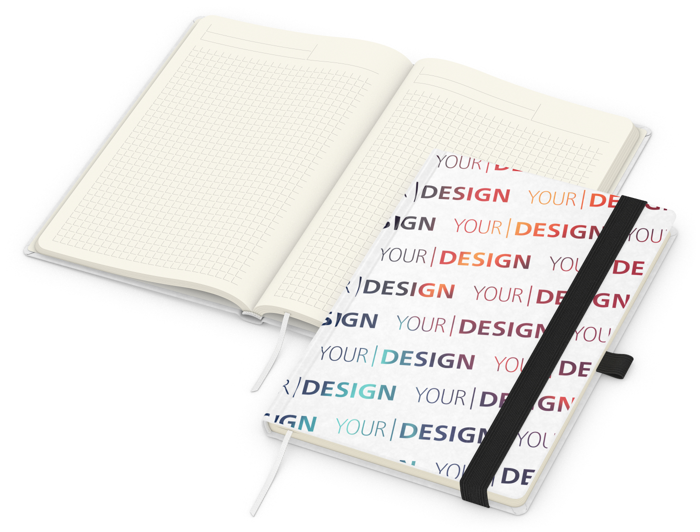 Notizbuch Match-Book Naturpapier-Hardcover individuell bedruckt, DIN A5, Papierfarbe/Lineatur Cremefarben/Winkelkaro, Einband-Papierfarbe Weiß