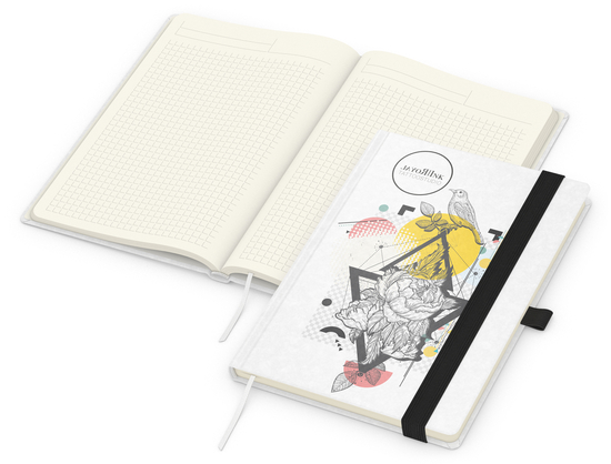 Notizbuch Match-Book Naturpapier-Hardcover individuell bedruckt, DIN A5, Papierfarbe/Lineatur Cremefarben/Winkelkaro, Einband-Papierfarbe Weiß