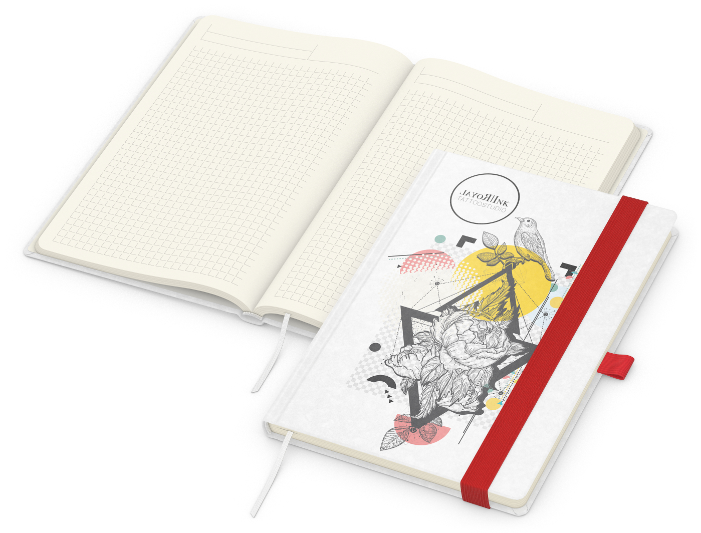 Notizbuch Match-Book Naturpapier-Hardcover individuell bedruckt, DIN A5, Papierfarbe/Lineatur Cremefarben/Winkelkaro, Einband-Papierfarbe Weiß