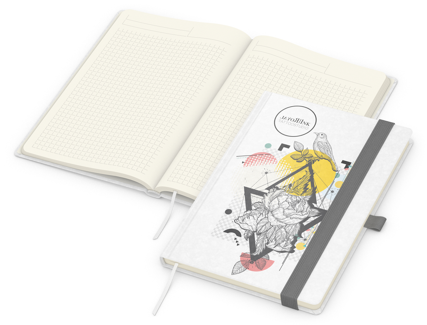 Notizbuch Match-Book Naturpapier-Hardcover individuell bedruckt, DIN A5, Papierfarbe/Lineatur Cremefarben/Winkelkaro, Einband-Papierfarbe Weiß