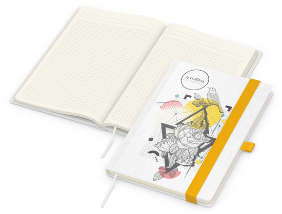 Notizbuch Match-Book Naturpapier-Hardcover individuell bedruckt, DIN A5, Papierfarbe/Lineatur Cremefarben/Winkelkaro, Einband-Papierfarbe Weiß