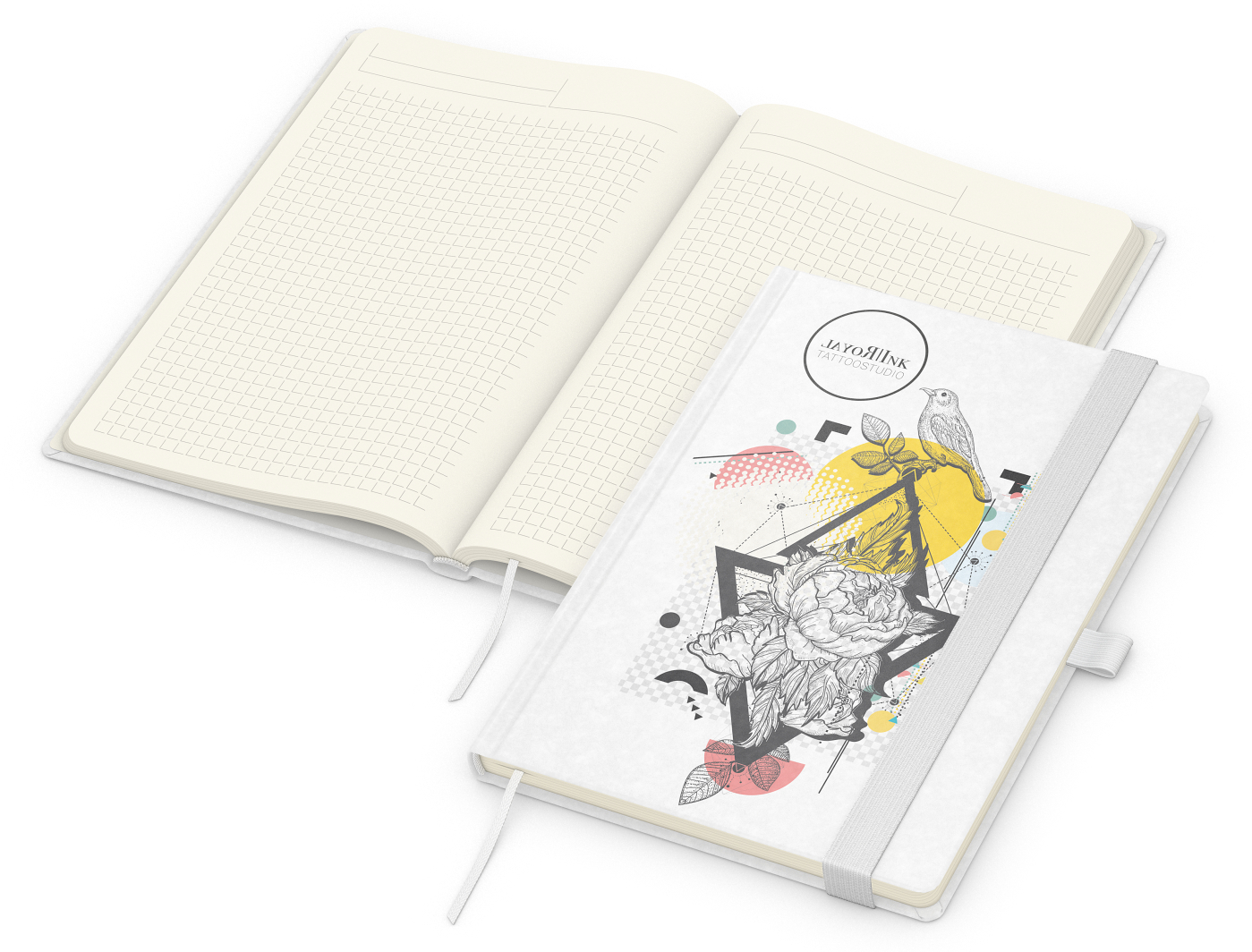 Notizbuch Match-Book Naturpapier-Hardcover individuell bedruckt, DIN A5, Papierfarbe/Lineatur Cremefarben/Winkelkaro, Einband-Papierfarbe Weiß