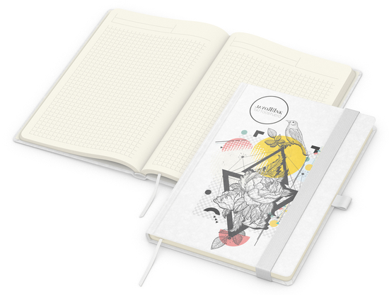 Notizbuch Match-Book Naturpapier-Hardcover individuell bedruckt, DIN A5, Papierfarbe/Lineatur Cremefarben/Winkelkaro, Einband-Papierfarbe Weiß