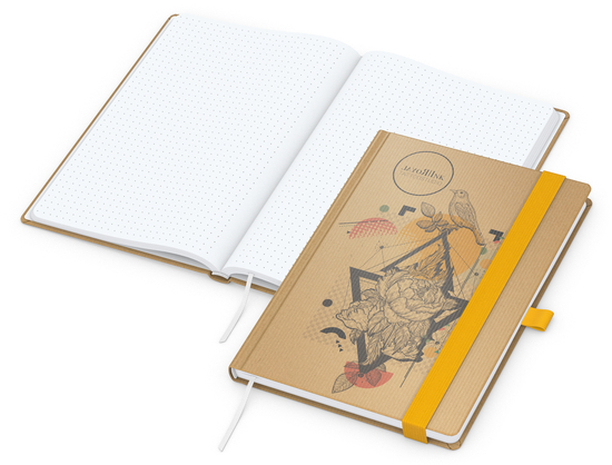 Notizbuch Match-Book Naturpapier-Hardcover individuell bedruckt, DIN A5, Papierfarbe/Lineatur Hochweiß/Punktraster, Einband-Papierfarbe Braun