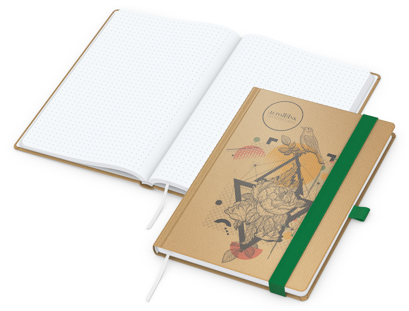 Notizbuch Match-Book Naturpapier-Hardcover individuell bedruckt, DIN A5, Papierfarbe/Lineatur Hochweiß/Punktraster, Einband-Papierfarbe Braun