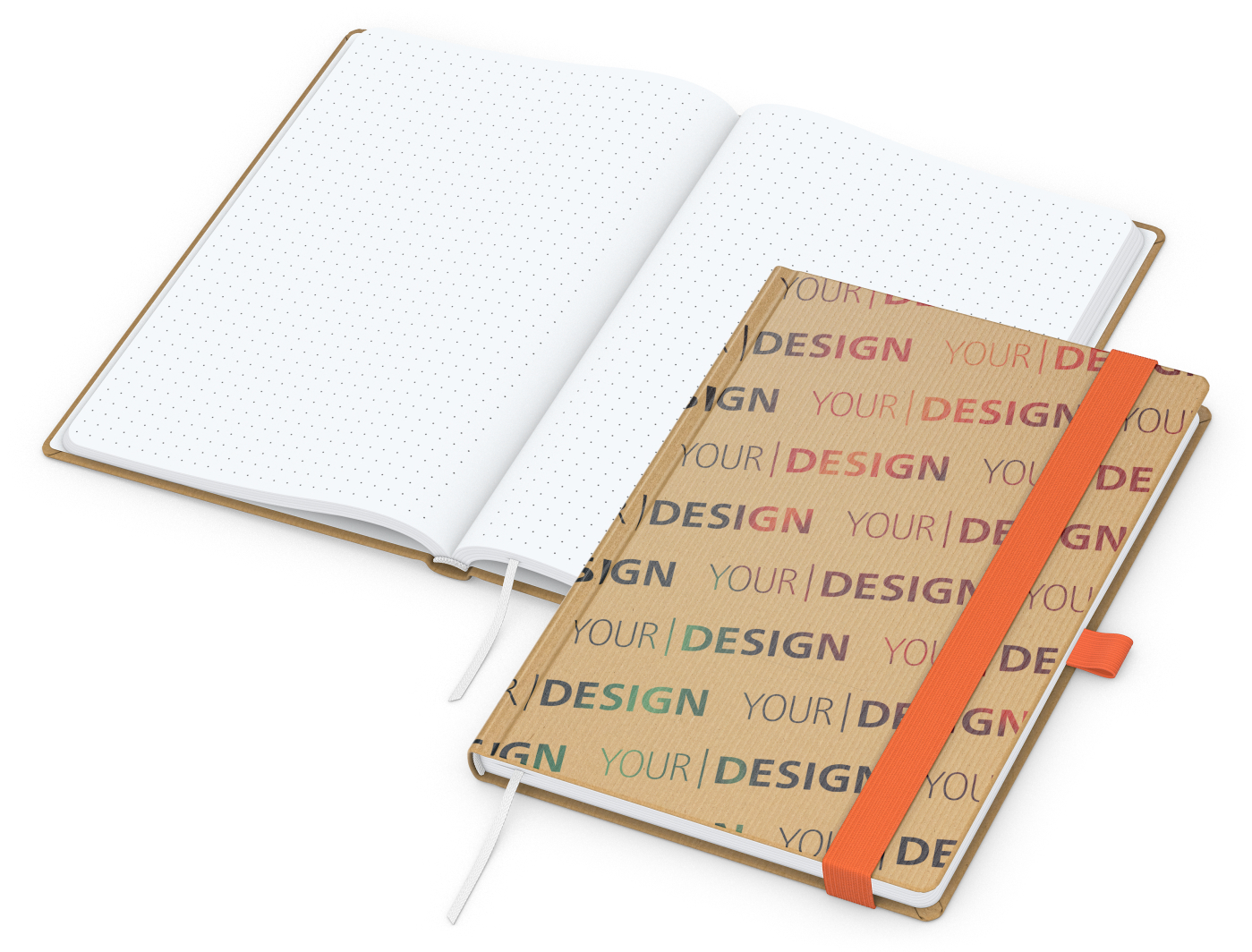 Notizbuch Match-Book Naturpapier-Hardcover individuell bedruckt, DIN A5, Papierfarbe/Lineatur Hochweiß/Punktraster, Einband-Papierfarbe Braun
