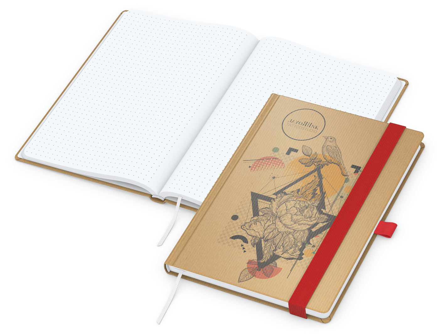 Notizbuch Match-Book Naturpapier-Hardcover individuell bedruckt, DIN A5, Papierfarbe/Lineatur Hochweiß/Punktraster, Einband-Papierfarbe Braun
