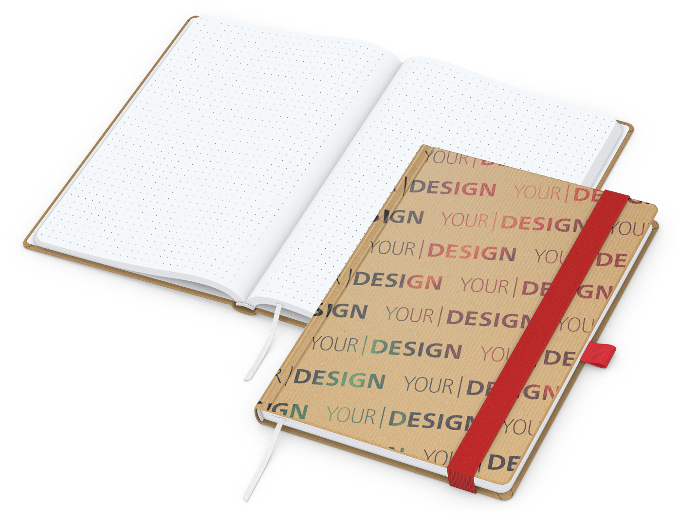 Notizbuch Match-Book Naturpapier-Hardcover individuell bedruckt, DIN A5, Papierfarbe/Lineatur Hochweiß/Punktraster, Einband-Papierfarbe Braun