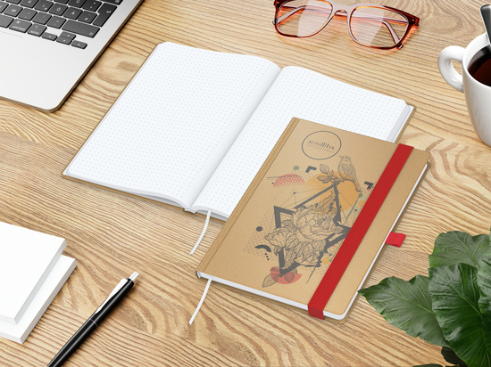 Notizbuch Match-Book Naturpapier-Hardcover individuell bedruckt, DIN A5, Papierfarbe/Lineatur Hochweiß/Punktraster, Einband-Papierfarbe Braun