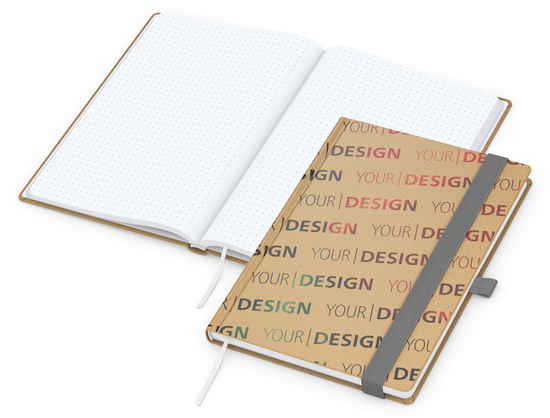 Notizbuch Match-Book Naturpapier-Hardcover individuell bedruckt, DIN A5, Papierfarbe/Lineatur Hochweiß/Punktraster, Einband-Papierfarbe Braun