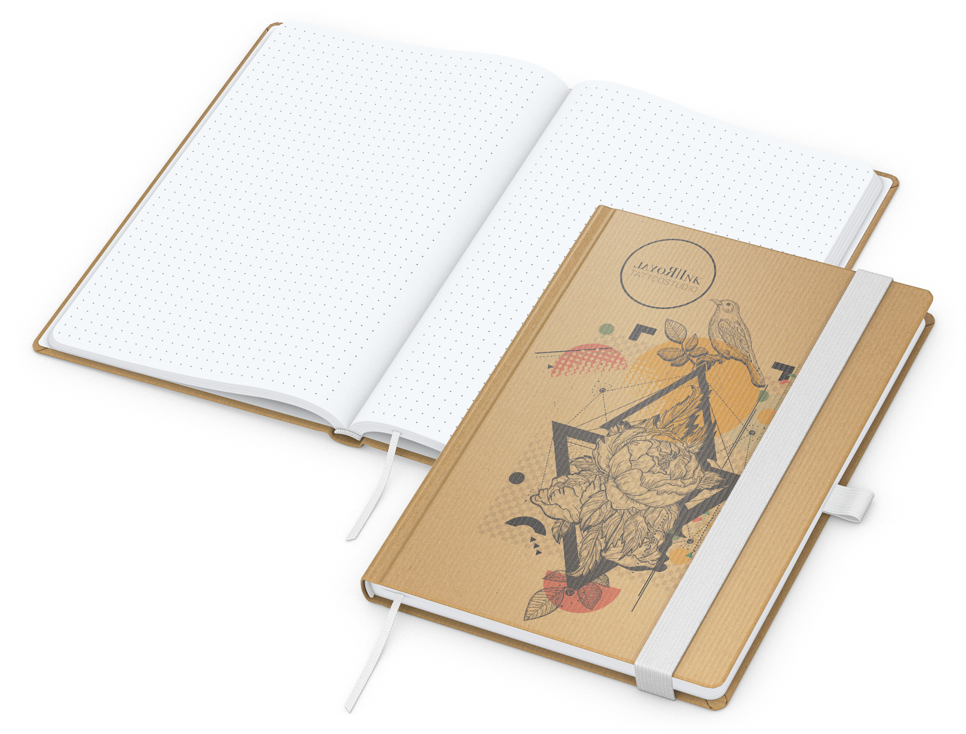 Notizbuch Match-Book Naturpapier-Hardcover individuell bedruckt, DIN A5, Papierfarbe/Lineatur Hochweiß/Punktraster, Einband-Papierfarbe Braun
