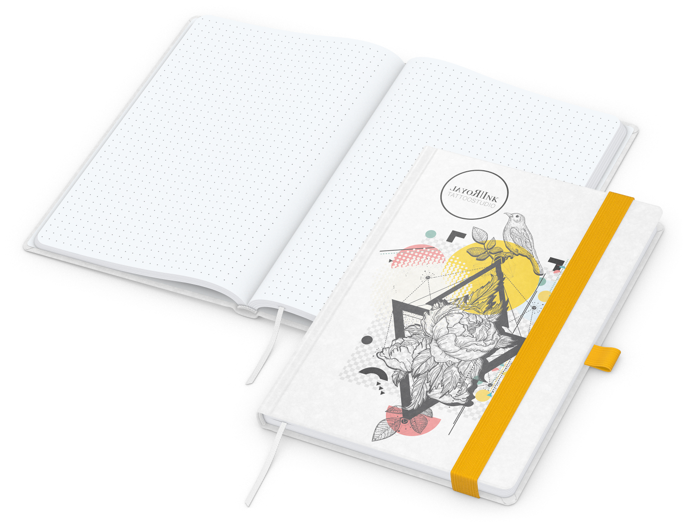 Notizbuch Match-Book Naturpapier-Hardcover individuell bedruckt, DIN A5, Papierfarbe/Lineatur Hochweiß/Punktraster, Einband-Papierfarbe Weiß