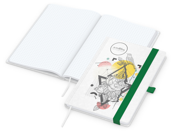 Notizbuch Match-Book Naturpapier-Hardcover individuell bedruckt, DIN A5, Papierfarbe/Lineatur Hochweiß/Punktraster, Einband-Papierfarbe Weiß