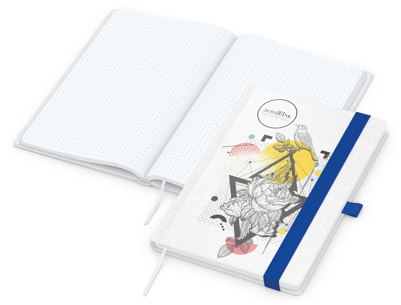 Notizbuch Match-Book Naturpapier-Hardcover individuell bedruckt, DIN A5, Papierfarbe/Lineatur Hochweiß/Punktraster, Einband-Papierfarbe Weiß