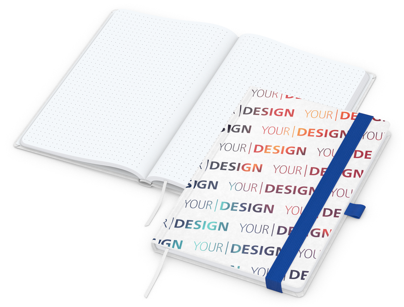 Notizbuch Match-Book Naturpapier-Hardcover individuell bedruckt, DIN A5, Papierfarbe/Lineatur Hochweiß/Punktraster, Einband-Papierfarbe Weiß