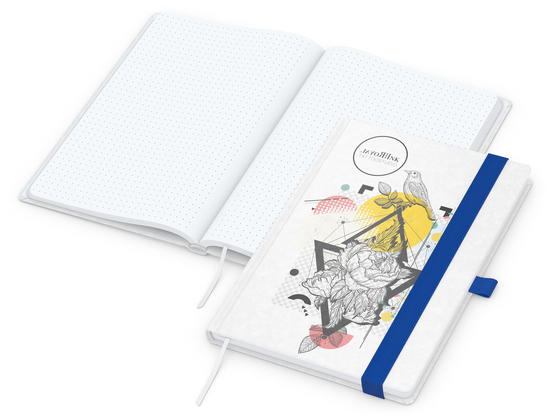 Notizbuch Match-Book Naturpapier-Hardcover individuell bedruckt, DIN A5, Papierfarbe/Lineatur Hochweiß/Punktraster, Einband-Papierfarbe Weiß